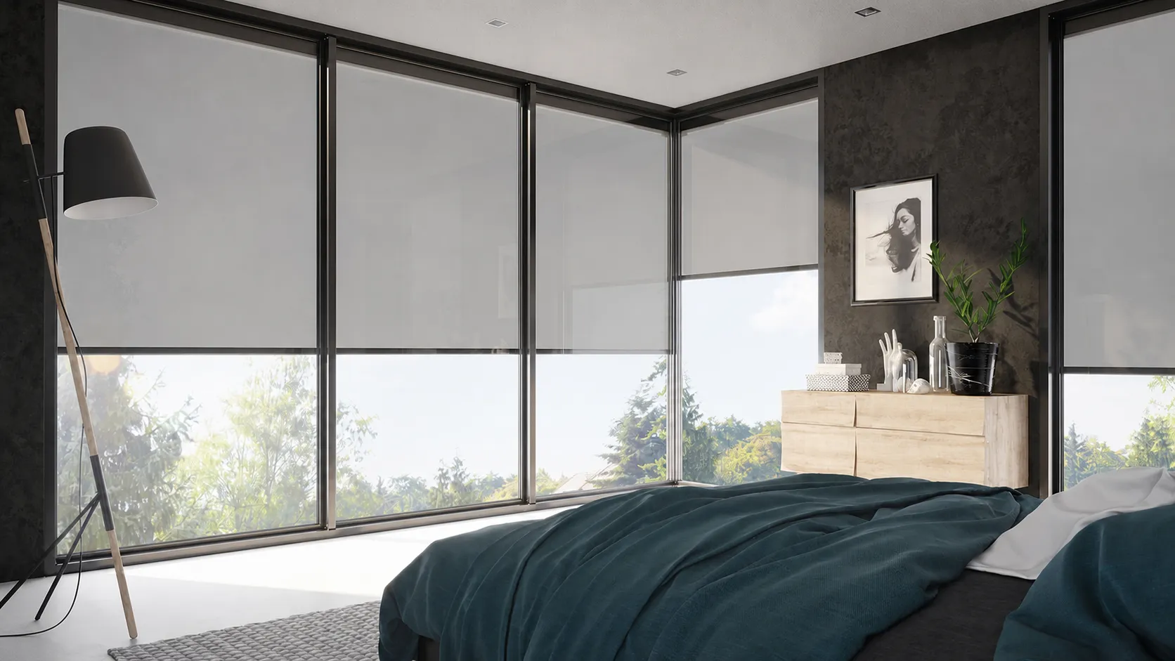 Modernes Schlafzimmer mit bodentiefen Fenstern und textiler ALUKON ZipTex-Beschattung