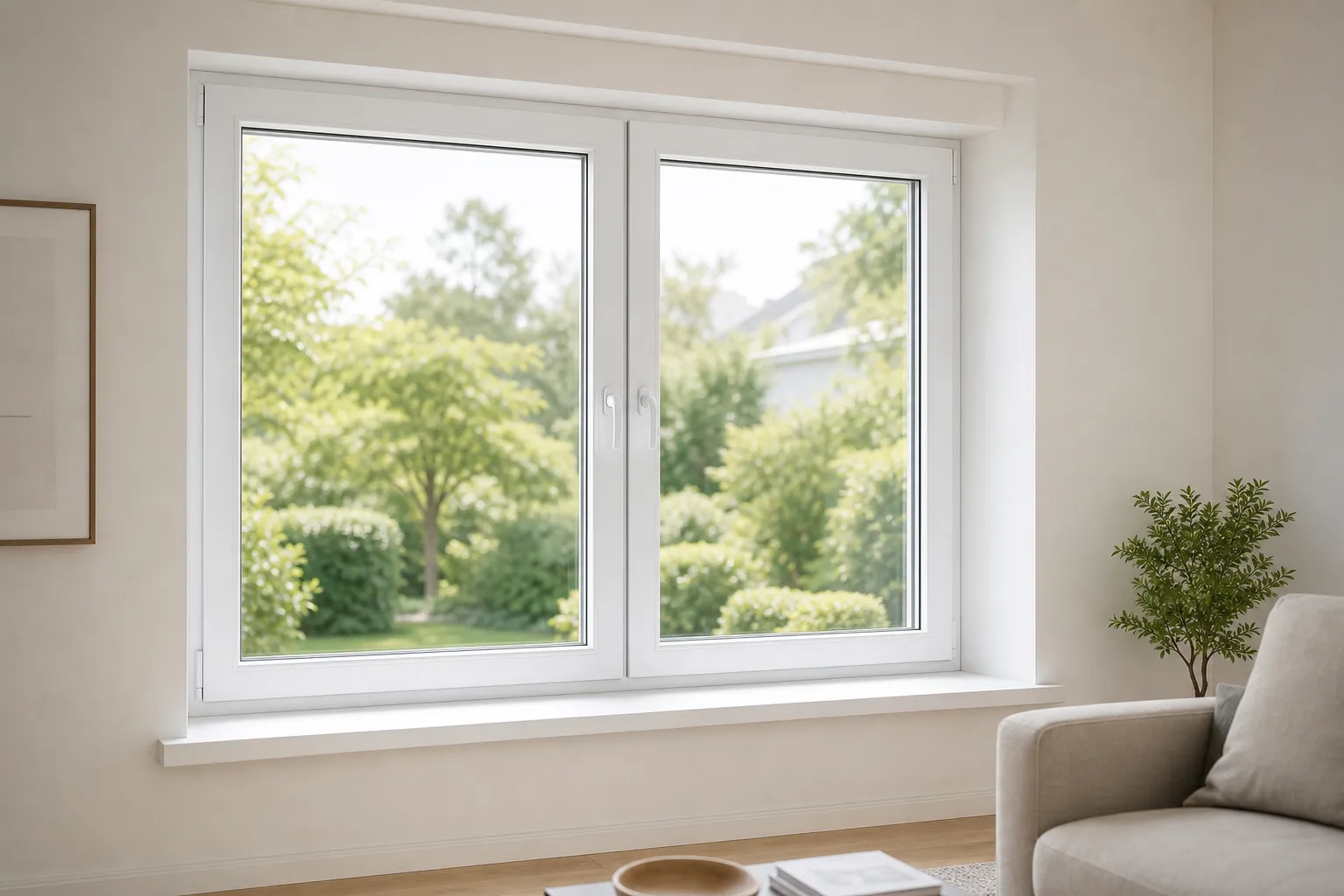 Helles Wohnzimmer mit weißem zweiflügeligem Fenster und Blick in einen grünen Garten