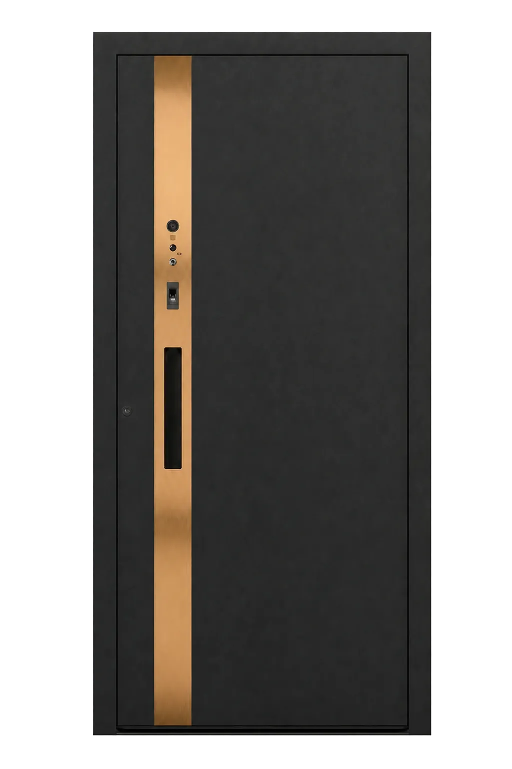 Freigestellte dunkle KOMPOtherm Aluminium-Haustür mit goldener Griffleiste, Kamera und Fingerabdrucksensor